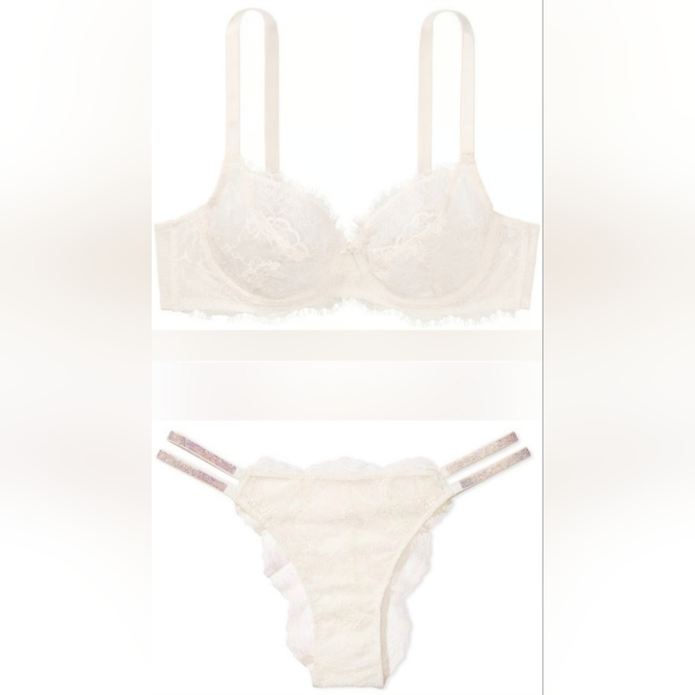 42D3/XXL VS The Fabulous Lace Bra Double Shine Strap Brazilian Panty Set